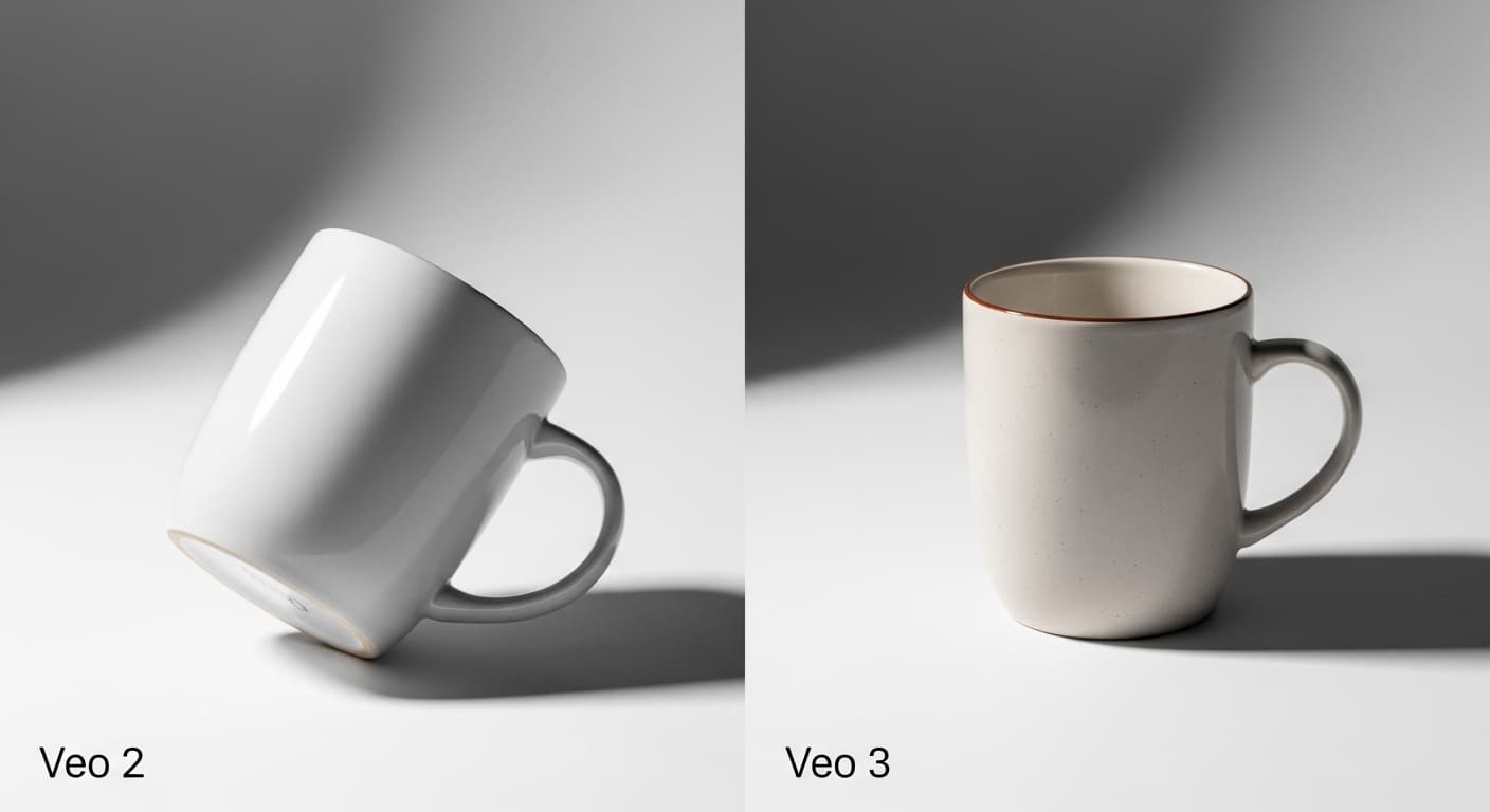Product shot so sánh Veo 2 và Veo 3: mug gốm nền trắng (Veo 2) và ảnh studio chi tiết cho e-commerce (Veo 3)