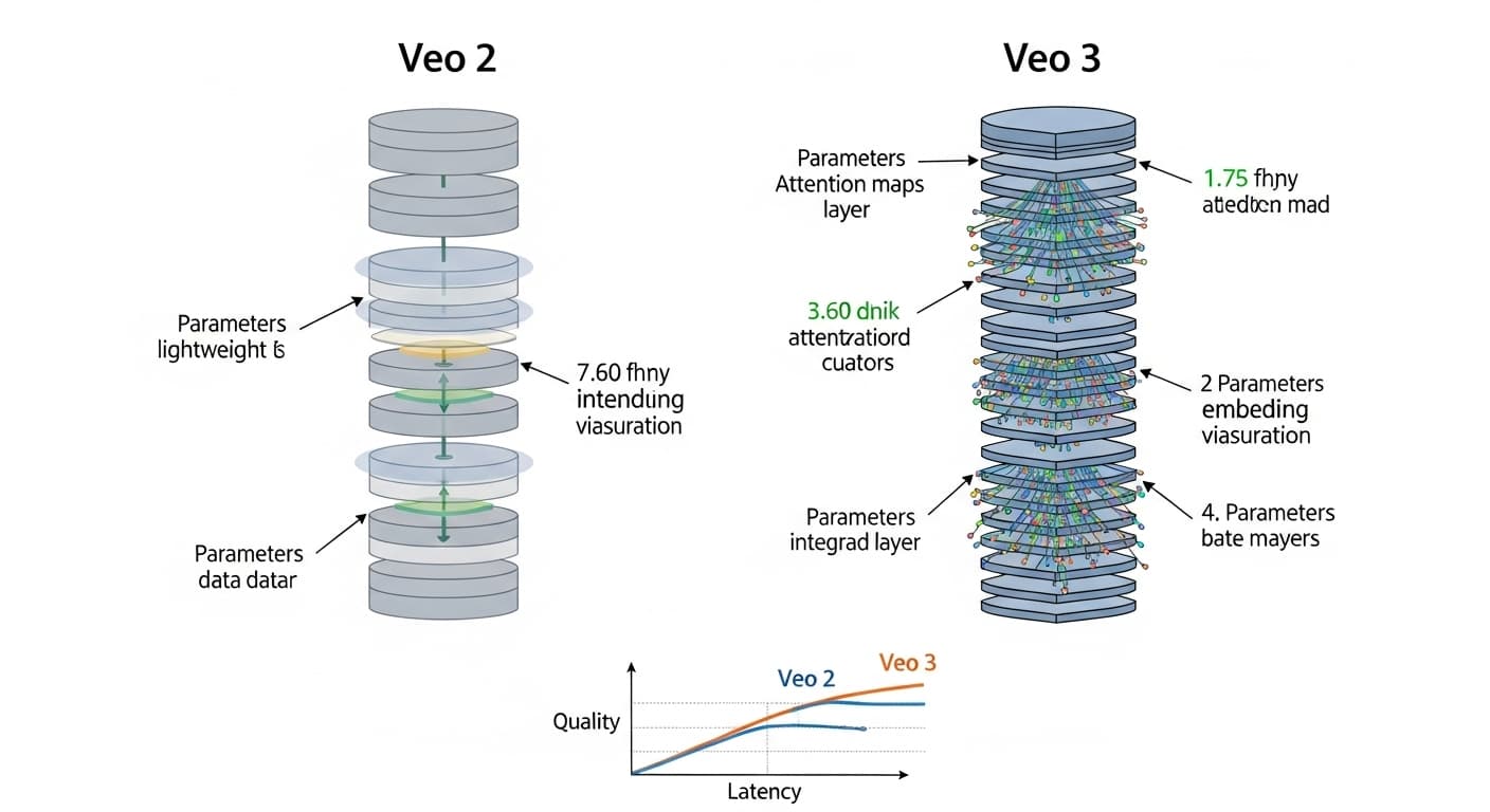 Minh họa kiến trúc Veo 2 vs Veo 3: Veo 2 nhẹ, Veo 3 nhiều lớp embedding - so sánh kiến trúc và hiệu năng